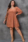 Chestnut Plus Size Suede Square Neck Balloon Sleeve Dress-Plus Size-MomFashion