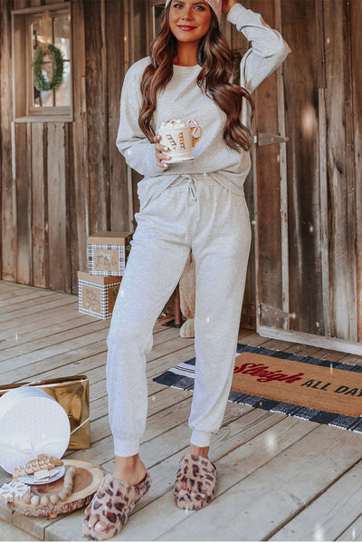 Gray Long Sleeve Pullover and Jogger Pants Lounge Set-Loungewear-MomFashion