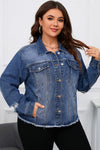 Dark Blue Plus Size Distressed Flap Pocket Denim Jacket-Plus Size-MomFashion