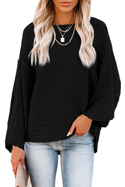 Black Exposed Seam Ribbed Knit Dolman Top-Tops-MomFashion