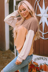 Khaki Color Block Long Sleeve Ribbed Loose Top-Tops-MomFashion