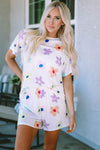 White Flower Print Short Sleeve High Waist Two Piece Shorts Set-Loungewear-MomFashion