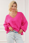 Rose Red Pearl Embellished Fuzzy Hearts V Neck Sweater-Tops-MomFashion