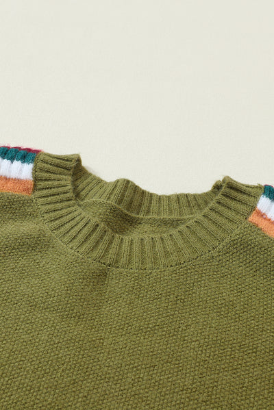 Green Leopard Contrast Striped Sleeve Ribbed Trim Sweater-Tops-MomFashion