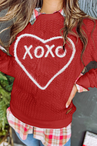 Racing Red Heart XOXO Chenille Embroidered Textured Sweatshirt-Tops-MomFashion