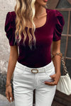 Burgundy Short Puff Sleeve Velvet Top-Tops-MomFashion