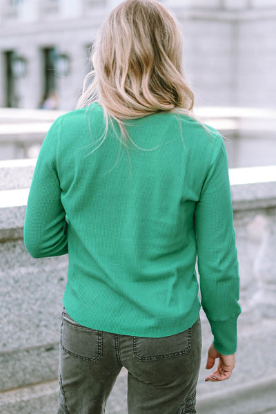 Green Trimmed Neckline Waffle Knit Henley Top-Tops-MomFashion