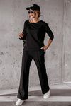 Black Solid Pullover and Seamed Casual Pants Set-Loungewear-MomFashion