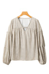 Khaki V Neck Bow Tie Bubble Sleeve Blouse-Tops-MomFashion