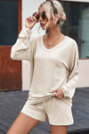 Beige Corded V Neck Slouchy Top Pocketed Shorts Set-Loungewear-MomFashion