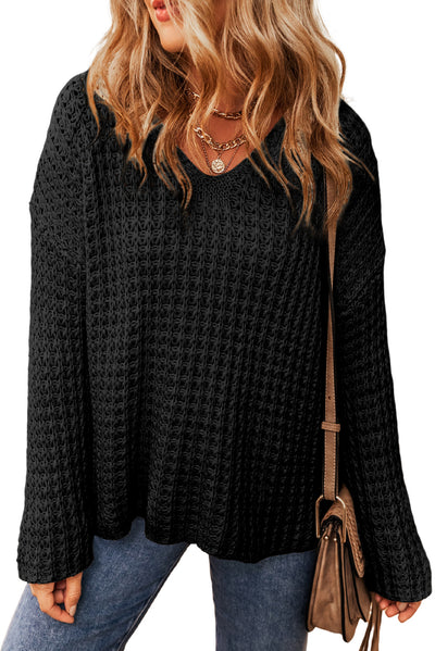 Black Hollow-out Crochet V Neck Sweater-Tops-MomFashion