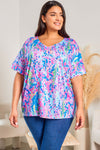 Sky Blue Plus Size Plant Print V Neck T-shirt-Plus Size-MomFashion