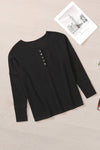 Black Waffle Knit Henley Top-Tops-MomFashion