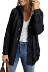 Black Buttoned Hooded Open Front Knitted Sweater-Tops-MomFashion