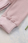 Pink Crew Neck Ribbed Trim Waffle Knit Top-Tops-MomFashion