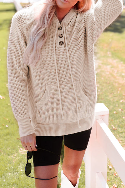 Apricot Waffle Knit Buttons Hooded Sweater with Pocket-Tops-MomFashion