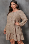 Brown Leopard Spotted Print Tiered Long Sleeve Plus Size Dress-Plus Size-MomFashion