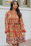 Orange Western Pattern Print Lantern Sleeve Drawstring Mini Dress-Dresses-MomFashion