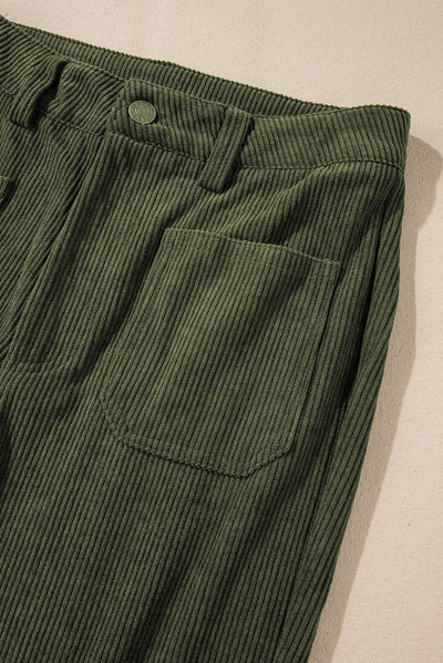 Green High Waist Square Pockets Corduroy Pants-Bottoms-MomFashion