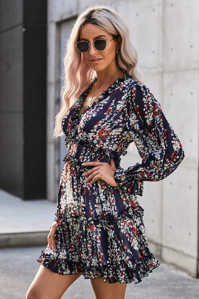 Blue Ruffle Detailing Open Back Floral Dress-Dresses-MomFashion