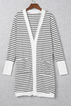 White Striped Side Pockets Open Front Cardigan-Tops-MomFashion