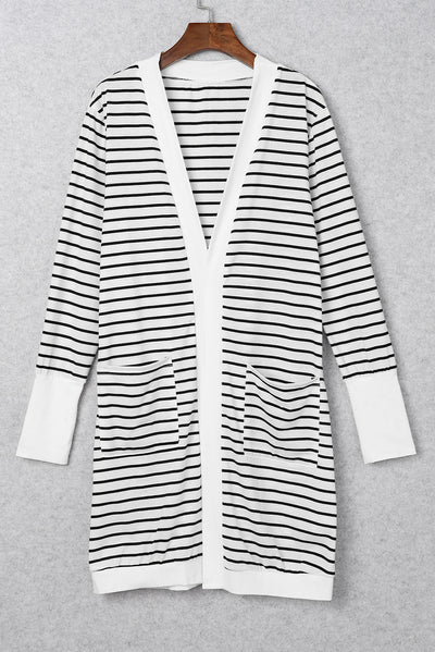 White Striped Side Pockets Open Front Cardigan-Tops-MomFashion