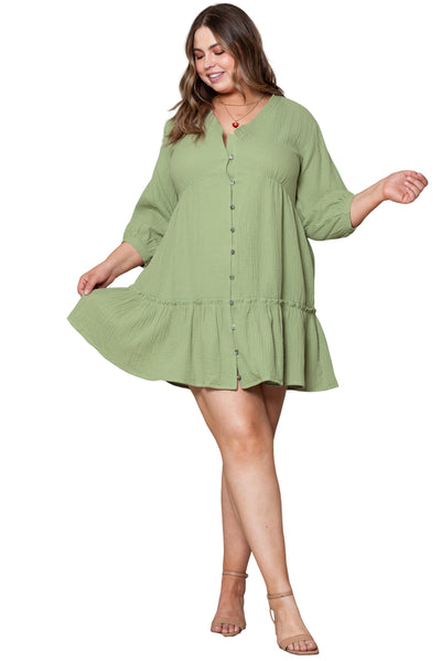 Green Textured Ruffled Buttoned V Neck Plus Size Mini Dress-Plus Size-MomFashion