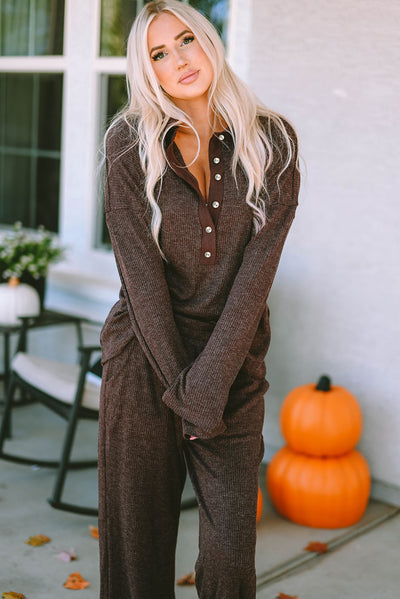 Brown Ribbed Knit Collared Henley Top and Pants Lounge Outfit-Loungewear-MomFashion