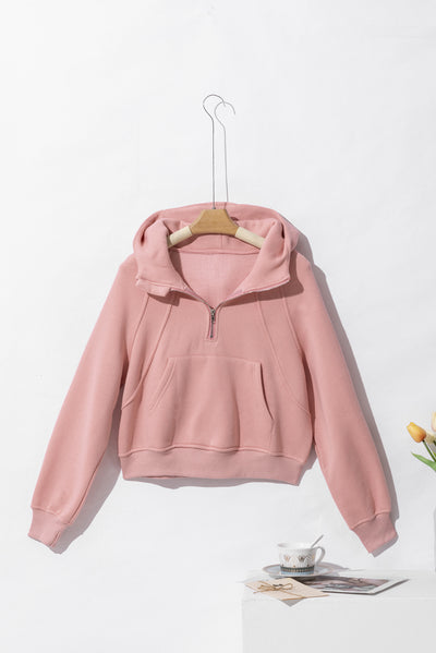 Pink Quarter Zip Kangaroo Pocket Hoodie-Tops-MomFashion