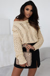 Khaki Eyelets Cable Knit Drop Shoulder Sweater-Tops-MomFashion