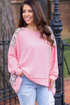 Pink Exposed Seam Leopard Splicing Plus Size Sweatshirt-Plus Size-MomFashion