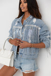 Sky Blue Sequin Embellished Fringe Distressed Denim Jacket-Outerwear-MomFashion