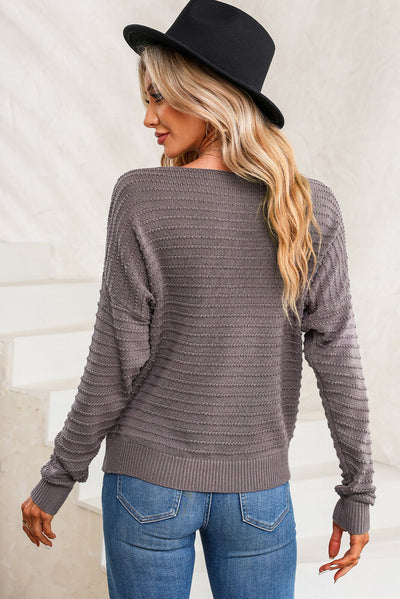 Gray Textured Knit Round Neck Dolman Sleeve Sweater-Tops-MomFashion