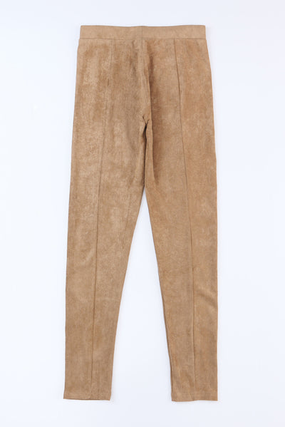 Khaki High Waist Faux Suede Skinny Leggings-Bottoms-MomFashion