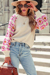 Rose Crochet Puff Sleeve Contrast Knit Sweater-Tops-MomFashion