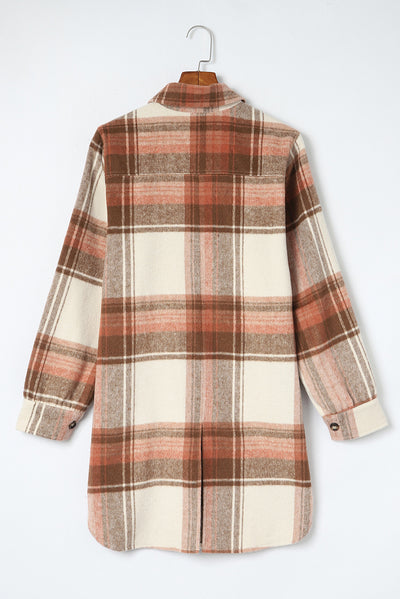 Brown Plaid Print Flap Pockets Long Shacket-Outerwear-MomFashion