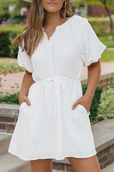 White Puff Sleeve Drawstring Shirt Dress with Pockets-Dresses-MomFashion