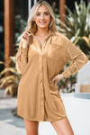 Light French Beige Velvet Button Front Shirt Mini Dress-Dresses-MomFashion