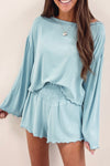 Sky Blue Long Sleeve Top & Shirred High Waist Shorts Set-Loungewear-MomFashion