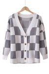 Gray Contrast Checkered Print Button Up Sweater Cardigan-Tops-MomFashion