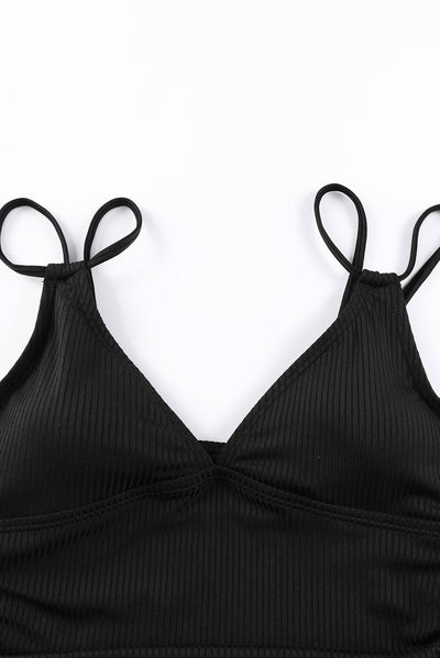 Black Adjustable Straps Ribbed Knit One Piece Swimsuit-Swimwear-MomFashion