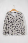 Gray Printed Leopard Balloon Sleeve Thermal Knit Plus Size Top-Plus Size-MomFashion