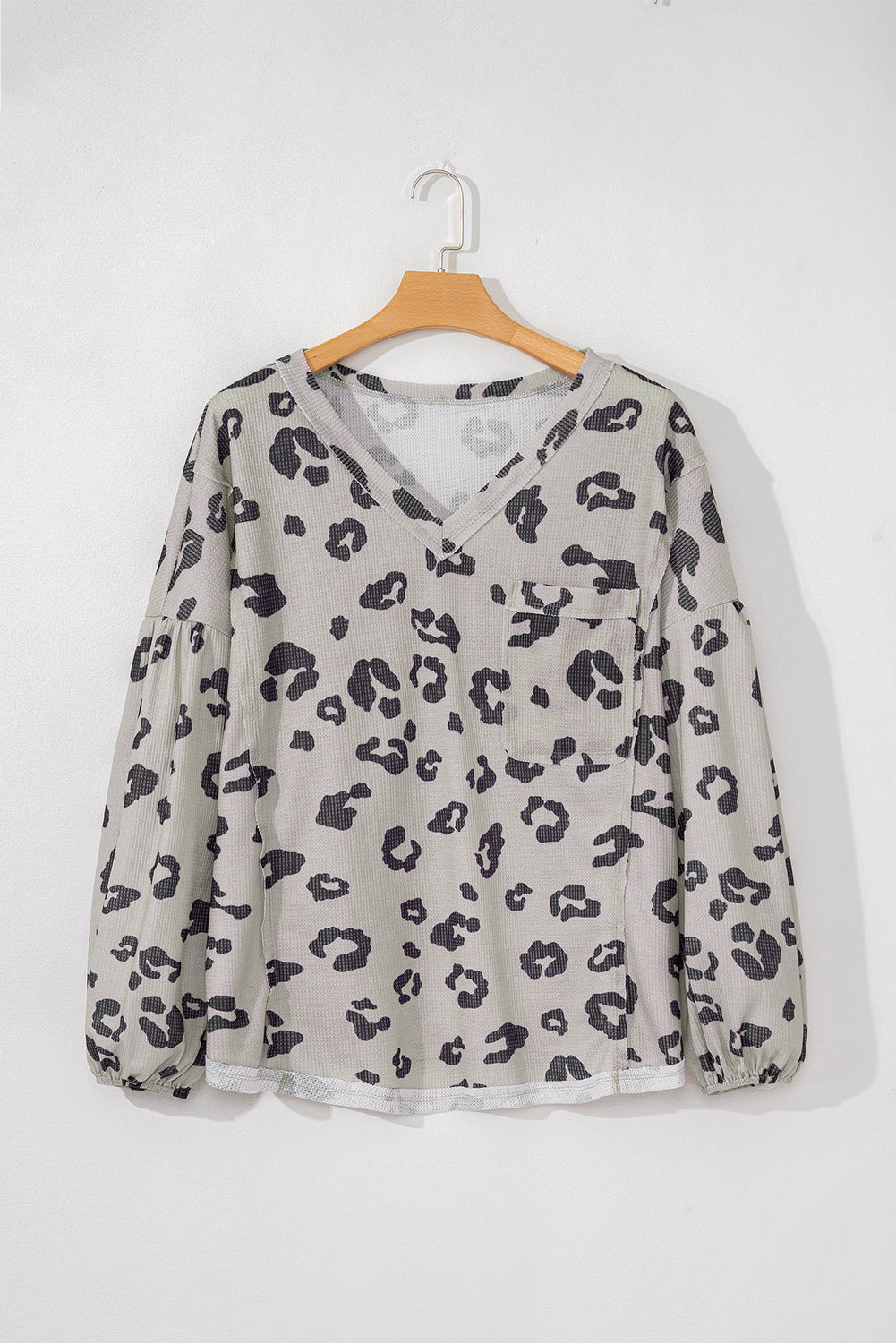 Gray Printed Leopard Balloon Sleeve Thermal Knit Plus Size Top-Plus Size-MomFashion