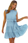 Sky Blue Frilled Neck Sleeveless Tiered Tulle Dress-Dresses-MomFashion