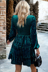 Green Velvet Smocked Puff Sleeve Ruffle Mini Dress-Dresses-MomFashion