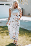 White Striped Floral Print Sleeveless Maxi Dress with Pocket-Dresses-MomFashion