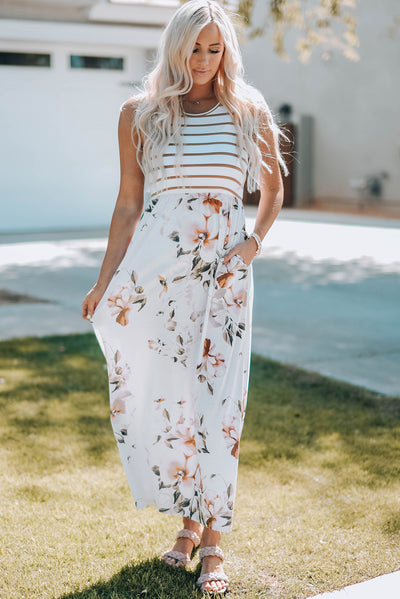 White Striped Floral Print Sleeveless Maxi Dress with Pocket-Dresses-MomFashion