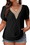 Black Guipure V Neck Plus Size Eyelet Embroidered Top-Plus Size-MomFashion