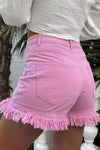 Pink Frayed Edge Mid Rise Denim Shorts-Bottoms-MomFashion