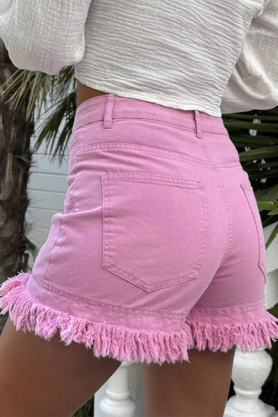 Pink Frayed Edge Mid Rise Denim Shorts-Bottoms-MomFashion